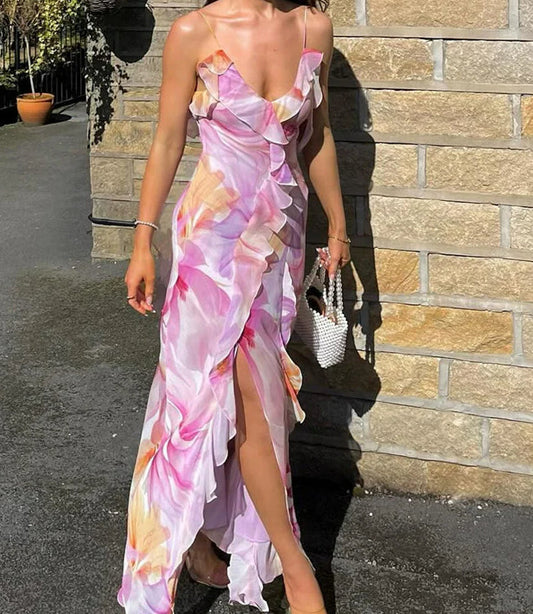 Strapless Split Tassel Floral Dress