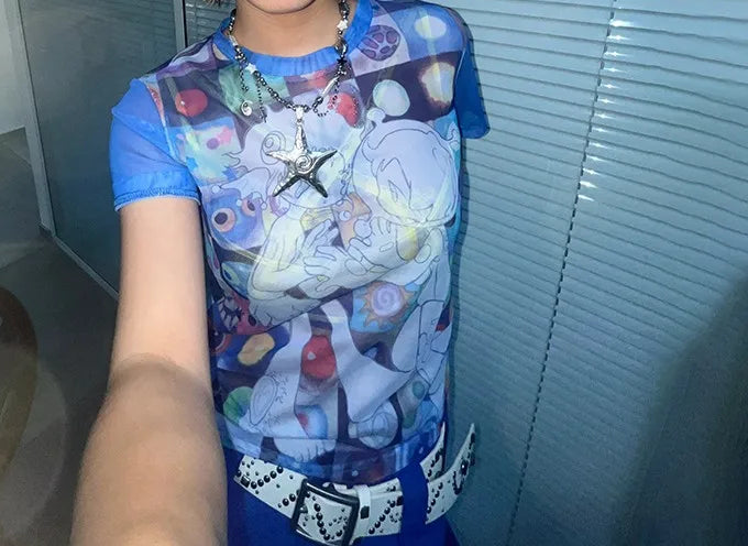 Japanese Y2k Anime Print Sheer Top