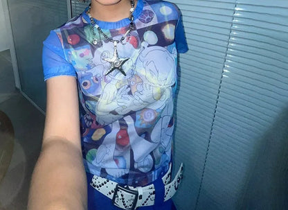Japanese Y2k Anime Print Sheer Top