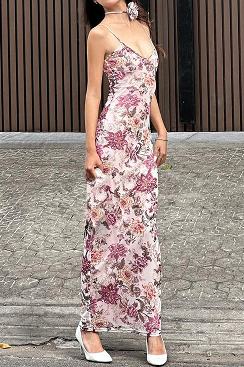 Backless V-Neck Maxi Floral Dress
