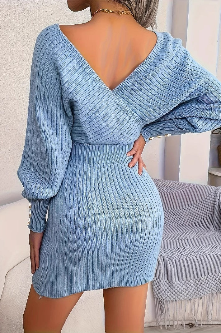 Elegant Cross V Neck Batwing Sleeve Bodycon Sweater Dress