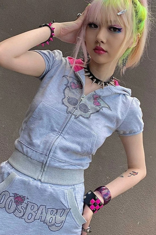 Gothic Skull Rhinestone Y2K Hoodie