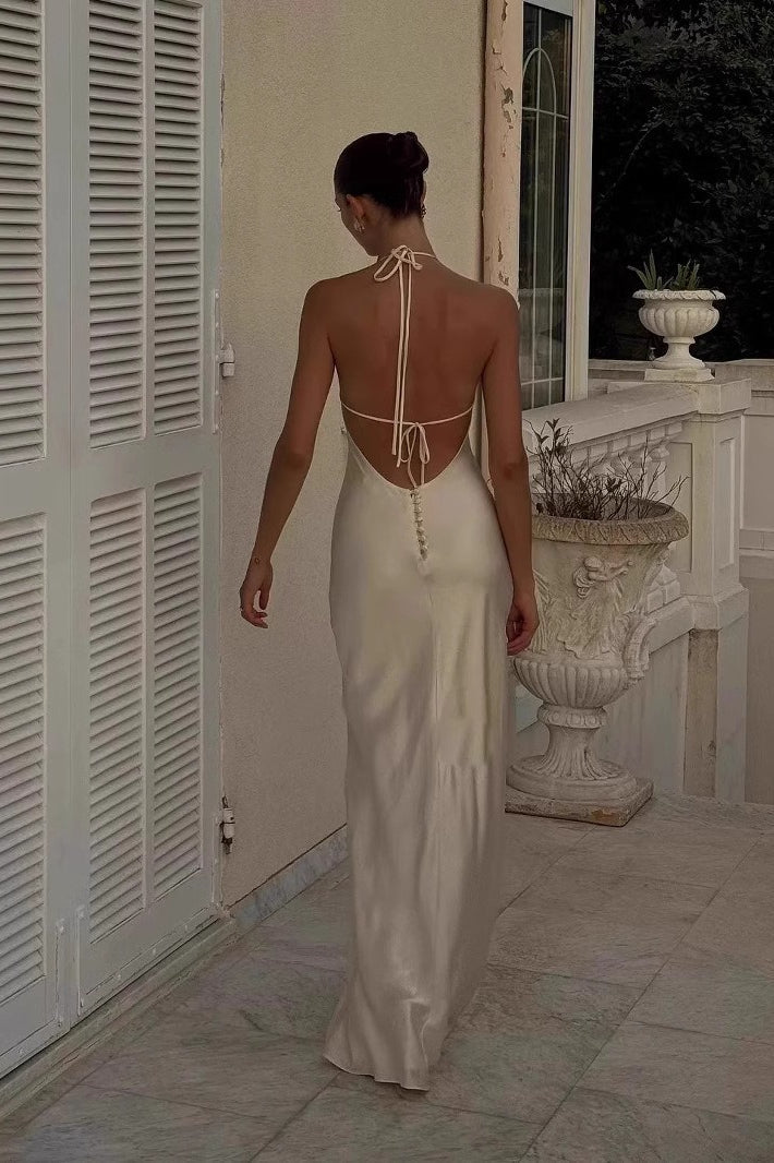 Sexy Backless Halter Camisole Satin Like Formal Dress