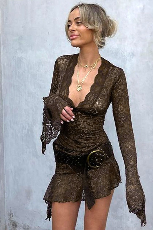 V Neck Bell Sleeve Sheer Lace Dress
