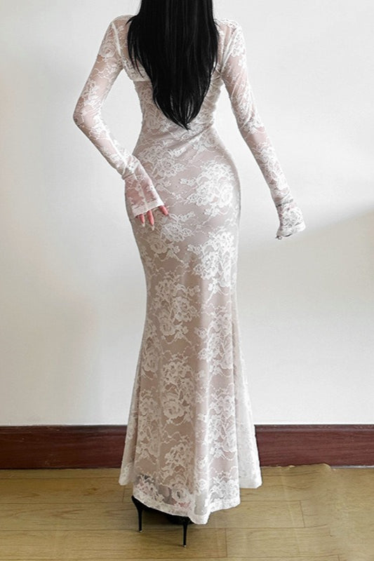 Fish Tail Square Neck Lace Dress