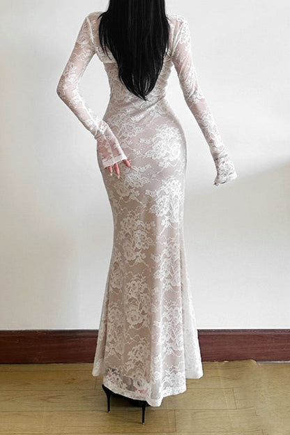 Fish Tail Square Neck Lace Dress