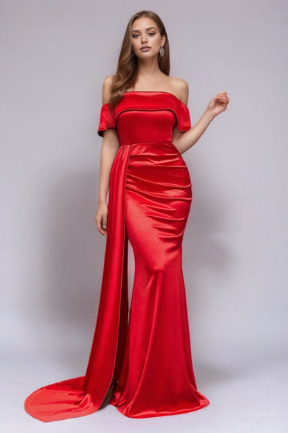 Solid Satin Off-Shoulder Strapless High Waist Formal Dress