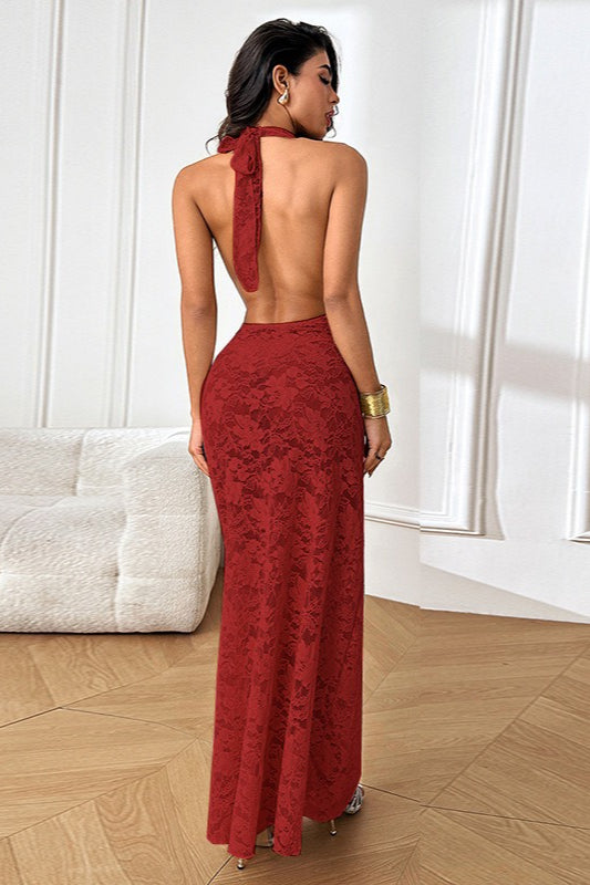 Sexy Sheer Halter Backless Lace Dress