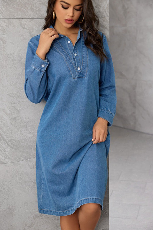 Vintage Collar Midi Denim Dress