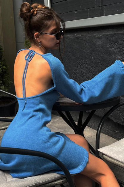 Woolen Backless Tie Detail Flared Sleeve Solid Sweater Dress