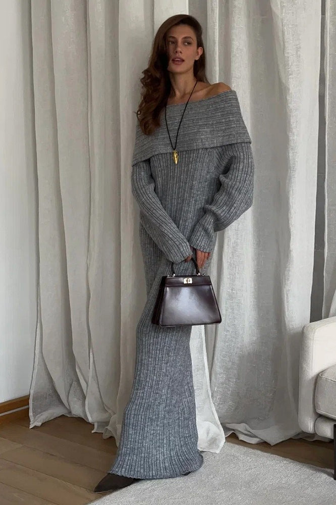 Knit Off Shoulder Long Sleeve Bodycon Sexy Sweater Dress