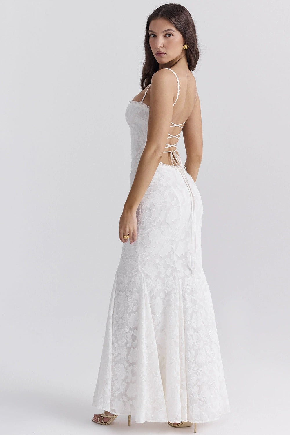 Tie Waist Sling Embroidered Mermaid Lace Dress