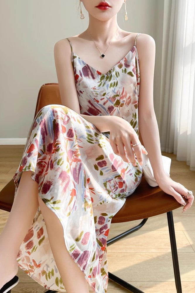 Printed V-Neck Satin Cami Maxi Silk Dress
