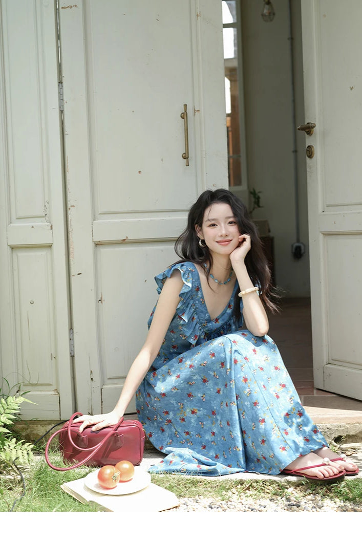 V-Neck Ruffled Midi Floral Dress