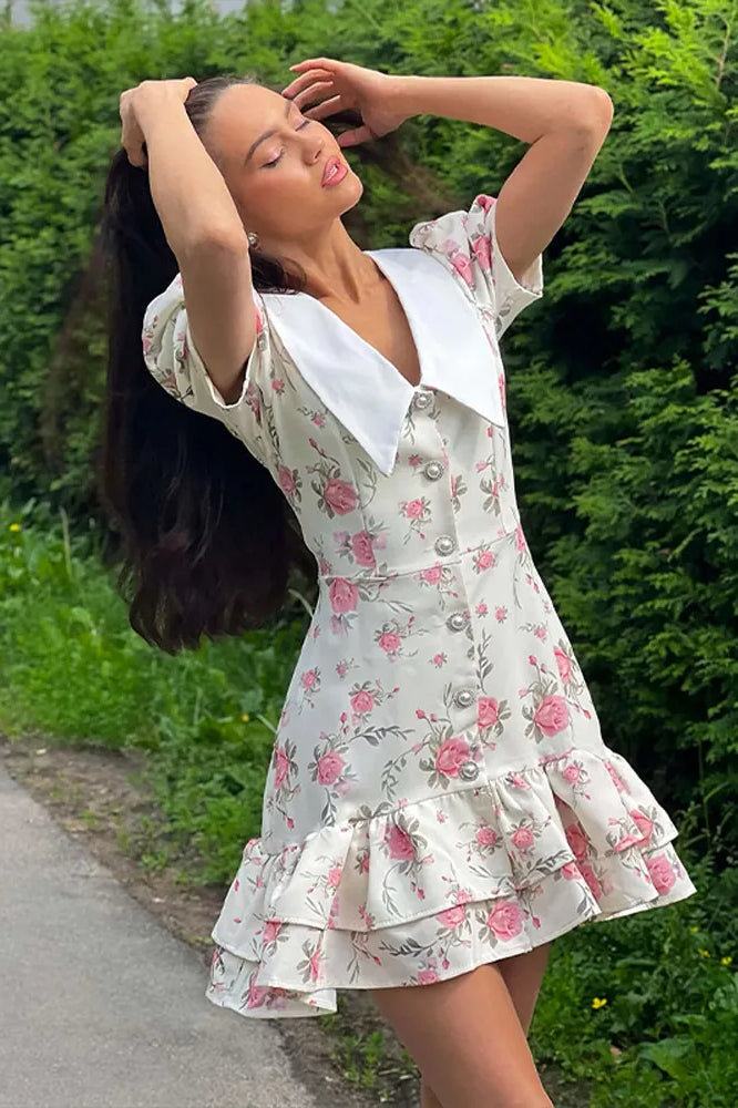 Lapel Short Sleeve Mini Floral Dress