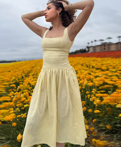 Pleated Slip Dress Casual Backless Midi Dress