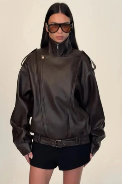 Stand Collar Zip Up Leather Jacket