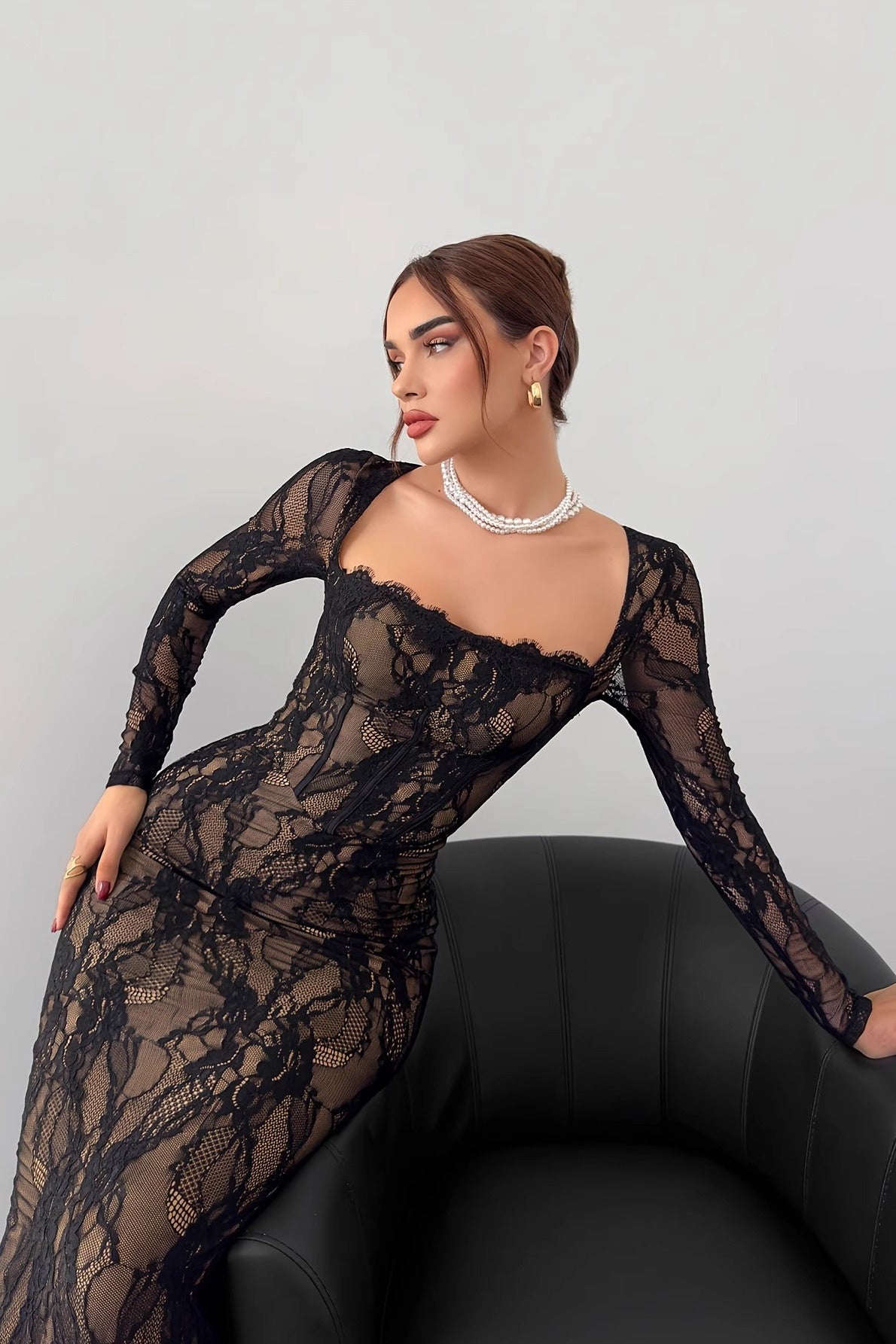 Elegant Square Neck Long Sleeve Lace Dress
