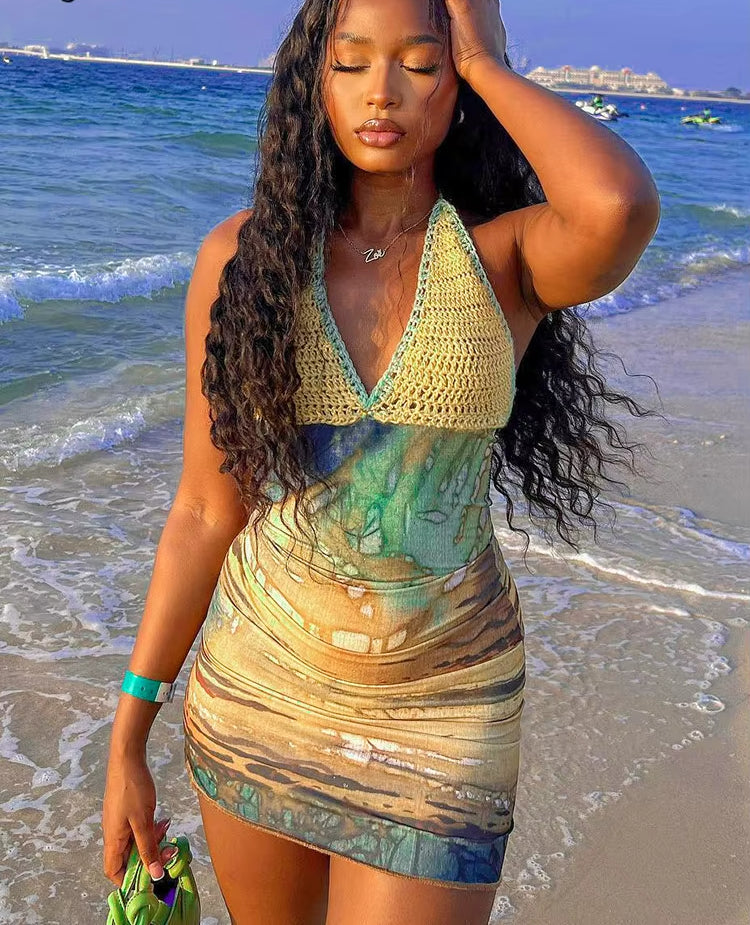 Knit Halter Print Lace Up Backless Mini Dress