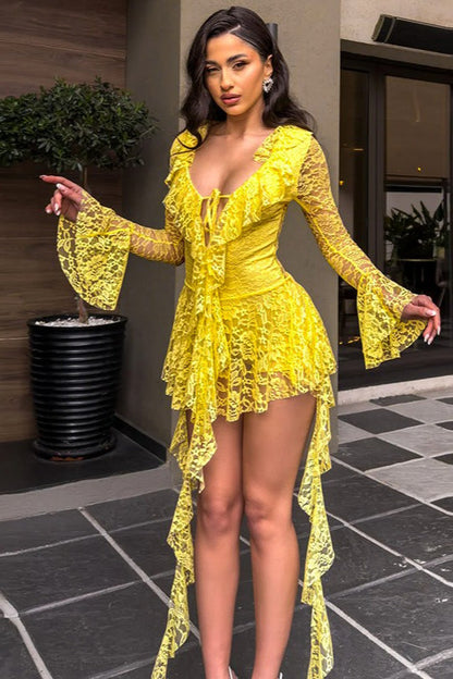 Lace Bell Sleeve Tie Detail Lace Dress