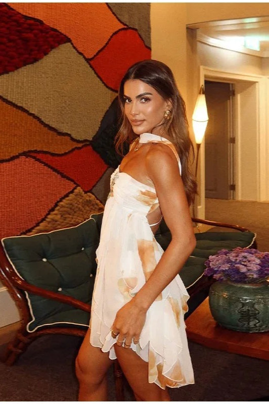 Printed Scarf Collar Mini Dress