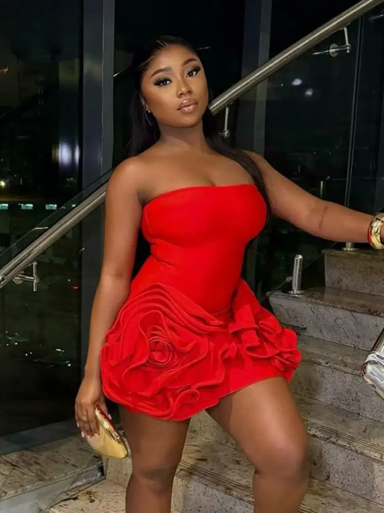 3D Flower Strapless Mini Party Dress