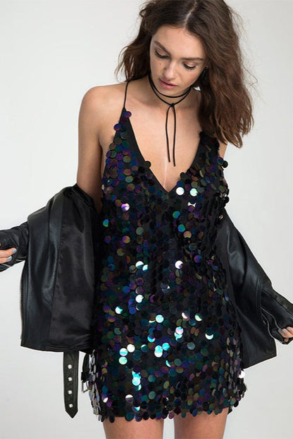 Deep V Backless Camisole Sexy Sequin Dress
