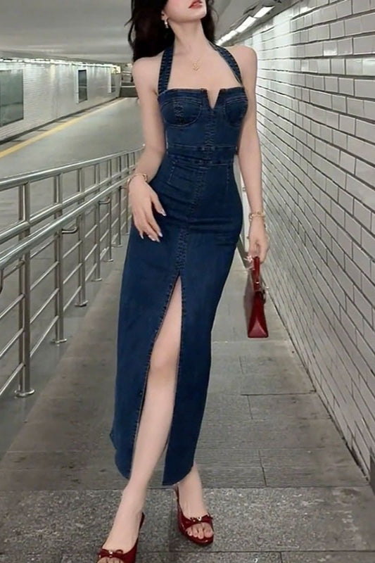 Halter Split Maxi Denim Dress