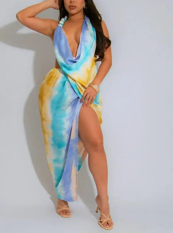 Tie Dye Halter Deep V-Neck Backless Midi Dress