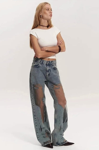 Vintage Mesh Spliced Jeans
