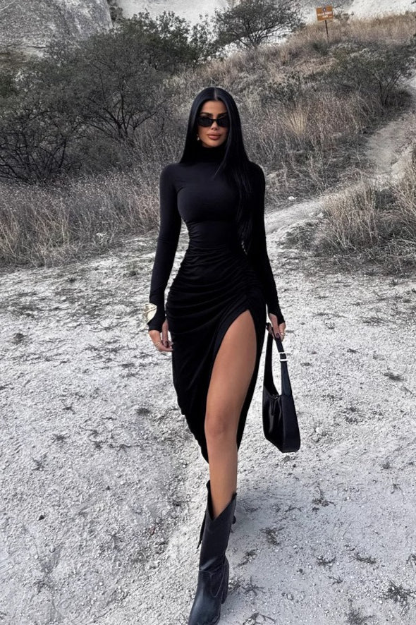 Ruched Mock Neck Long-Sleeve Work Dress