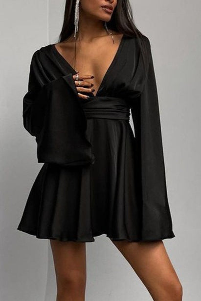 Satin Deep V Backless Flare-Sleeve Silk Dress