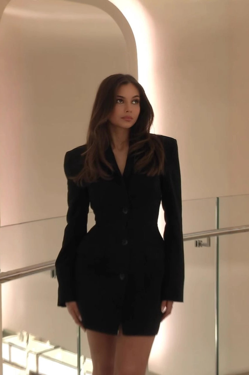 High-Waisted V-Neck Blazer Work Dress