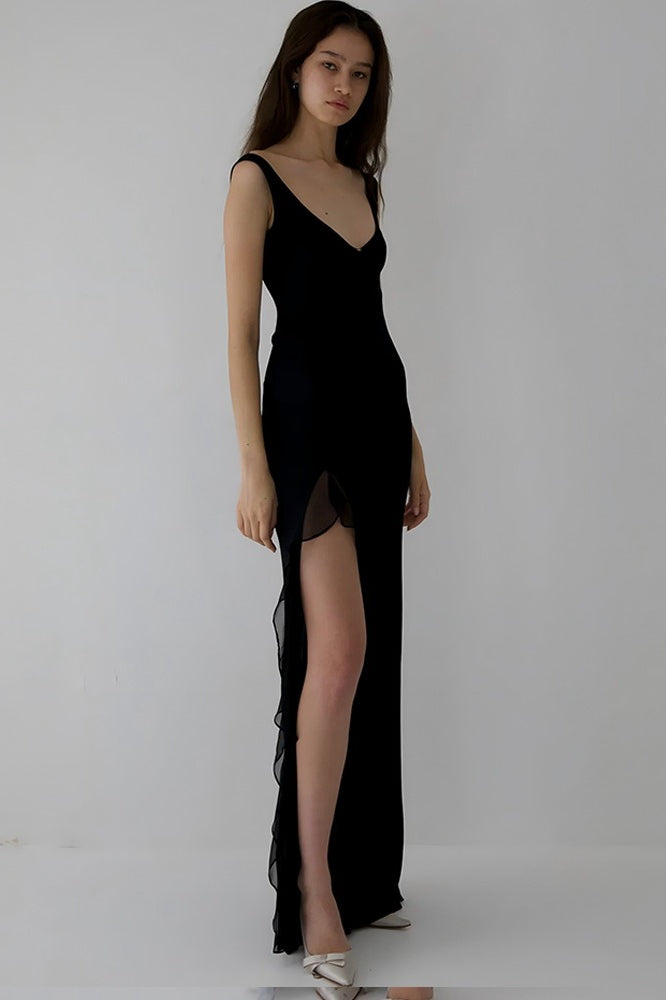 High Slit Ruffle Slip Dress