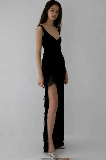High Slit Ruffle Slip Dress