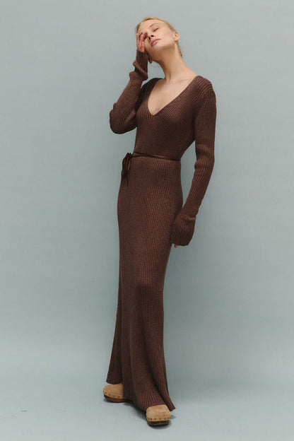 Solid Color Long-Sleeve Fitted Bodycon Knit Dress