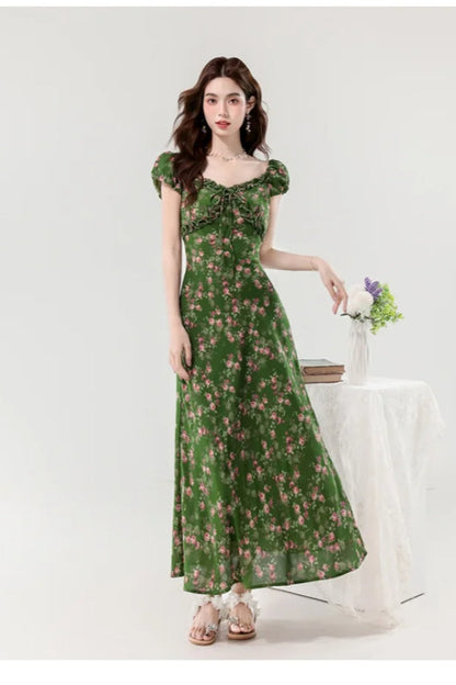 Retro Slim Green V-Neck Floral Dress