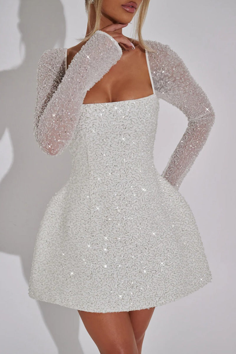 Luxury Sequin Long-Sleeve A-Line Bow Backless Mini Sequin Dress