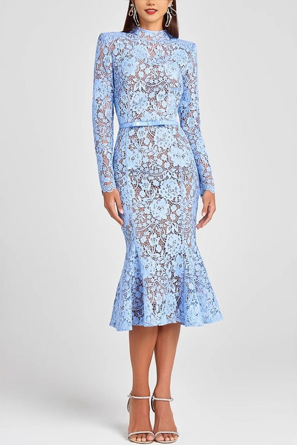 Sheer Hollow Out Belted Mermaid Lace Dress