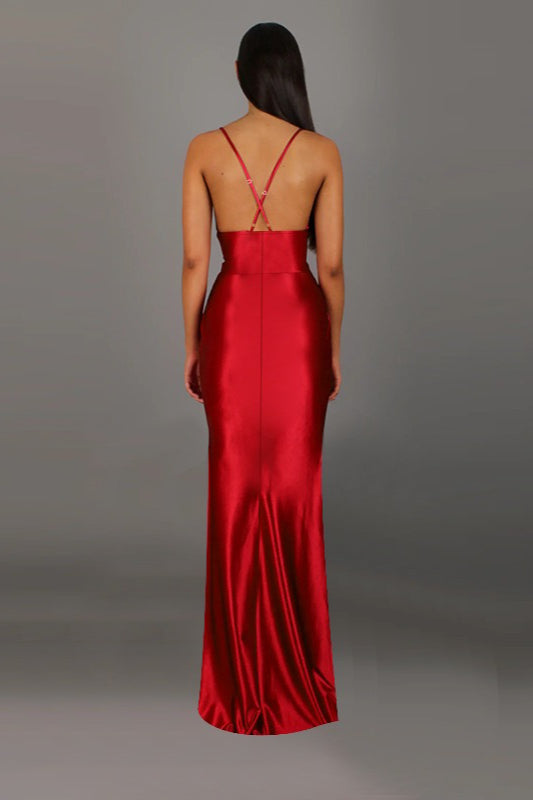 Satin V-Neck Slit Party Dress