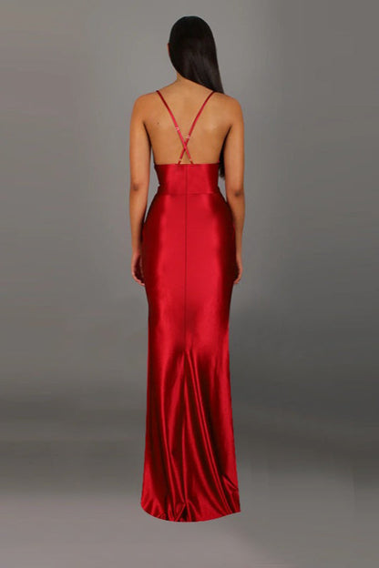 Satin V-Neck Slit Party Dress