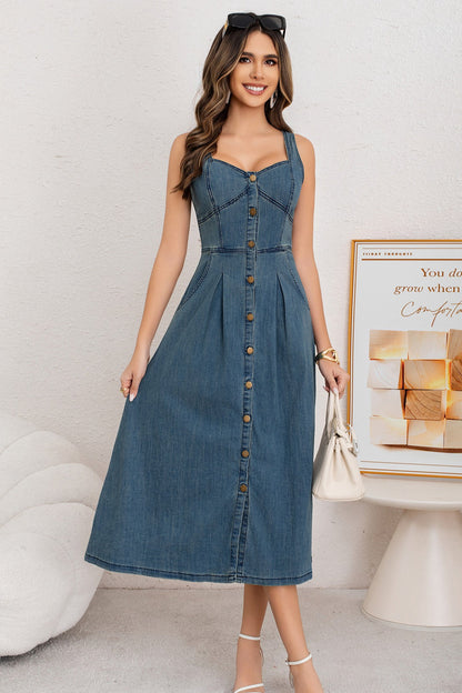 Washed Button Front Cami Denim Dress