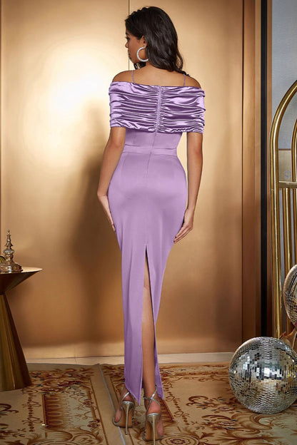 Satin Ruched Panel Off-Shoulder Fitted Silk Dress