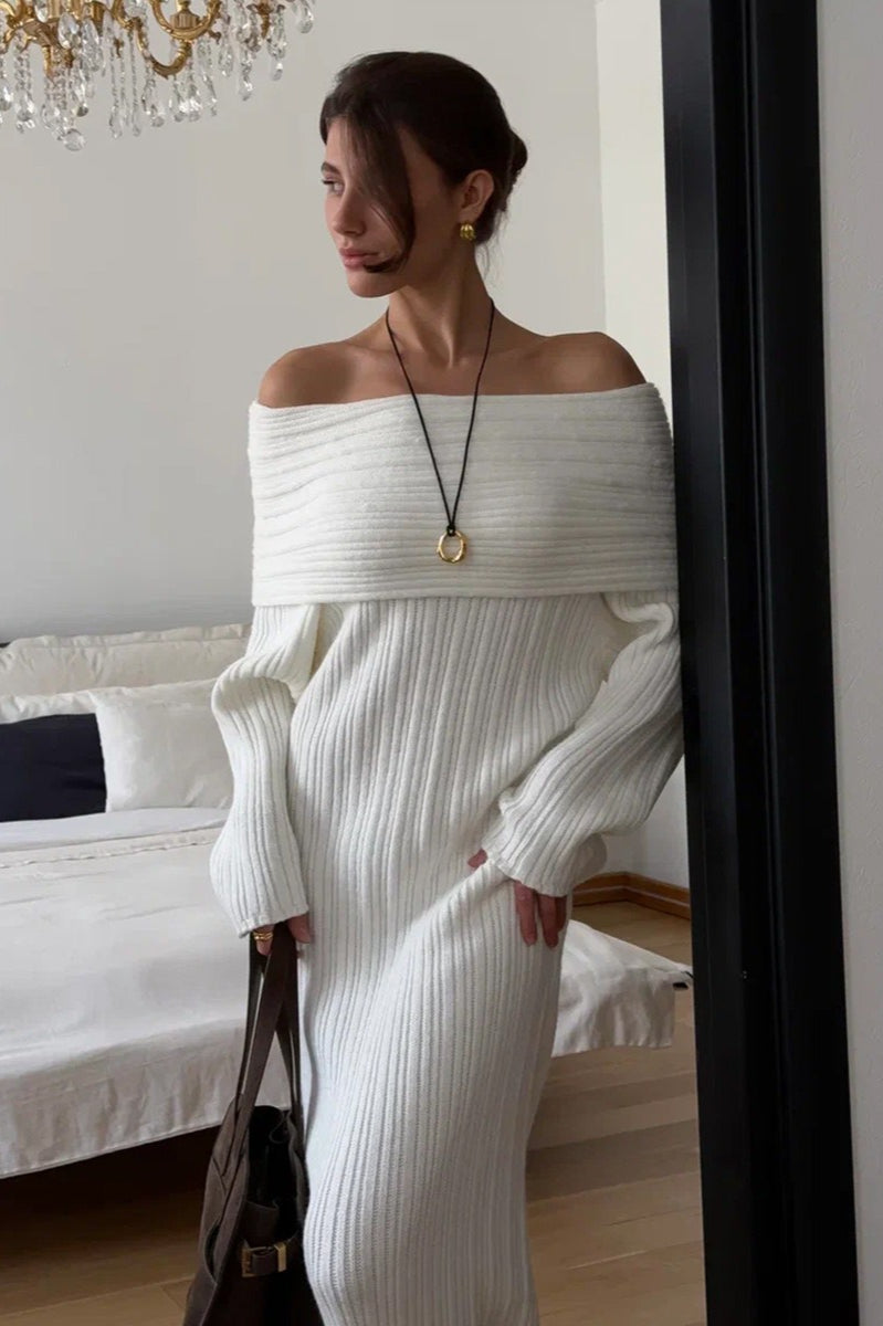 Knit Off Shoulder Long Sleeve Bodycon Sexy Sweater Dress