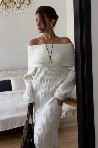 Knit Off Shoulder Long Sleeve Bodycon Sexy Sweater Dress