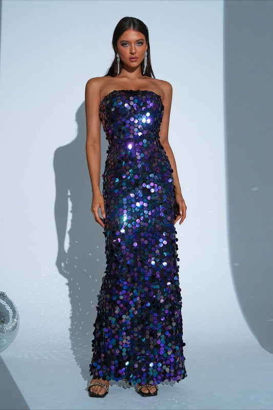 High End Bandeau Boat Neck Bodycon Mermaid Party Sequin Dress