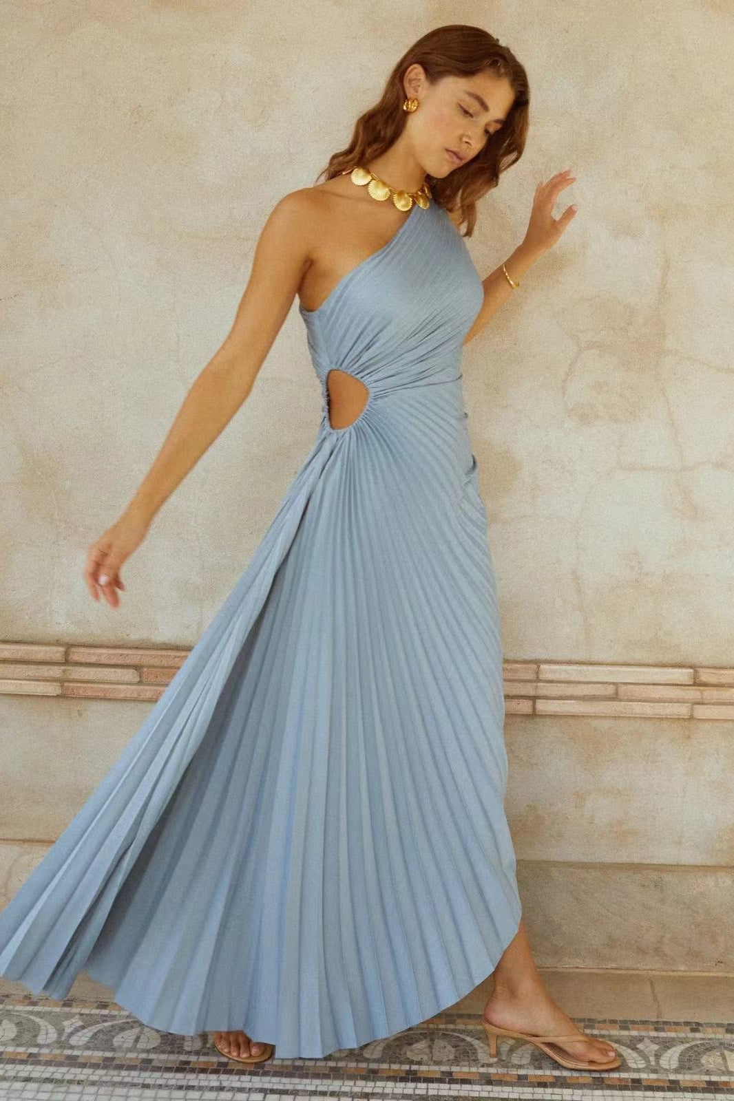 Ruched Satin One-Shoulder Cut-Out Party Silk Dress