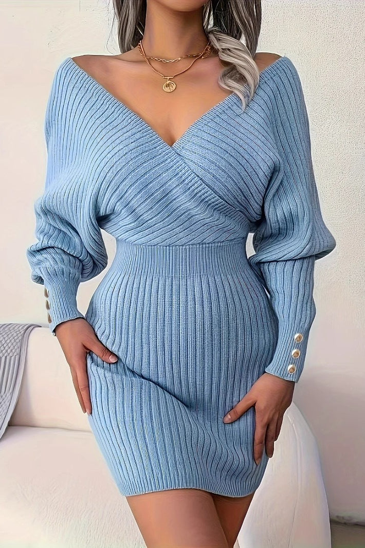 Elegant Cross V Neck Batwing Sleeve Bodycon Sweater Dress