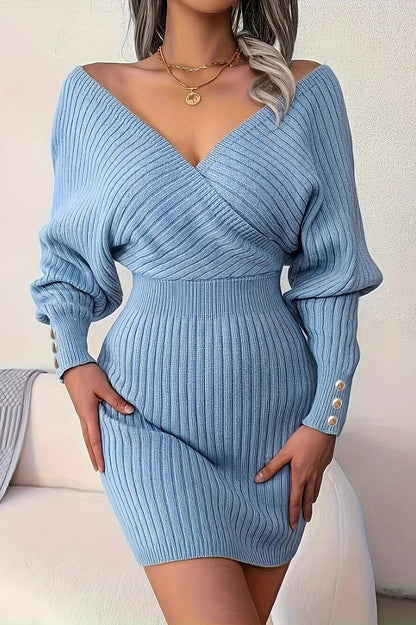 Elegant Cross V Neck Batwing Sleeve Bodycon Sweater Dress