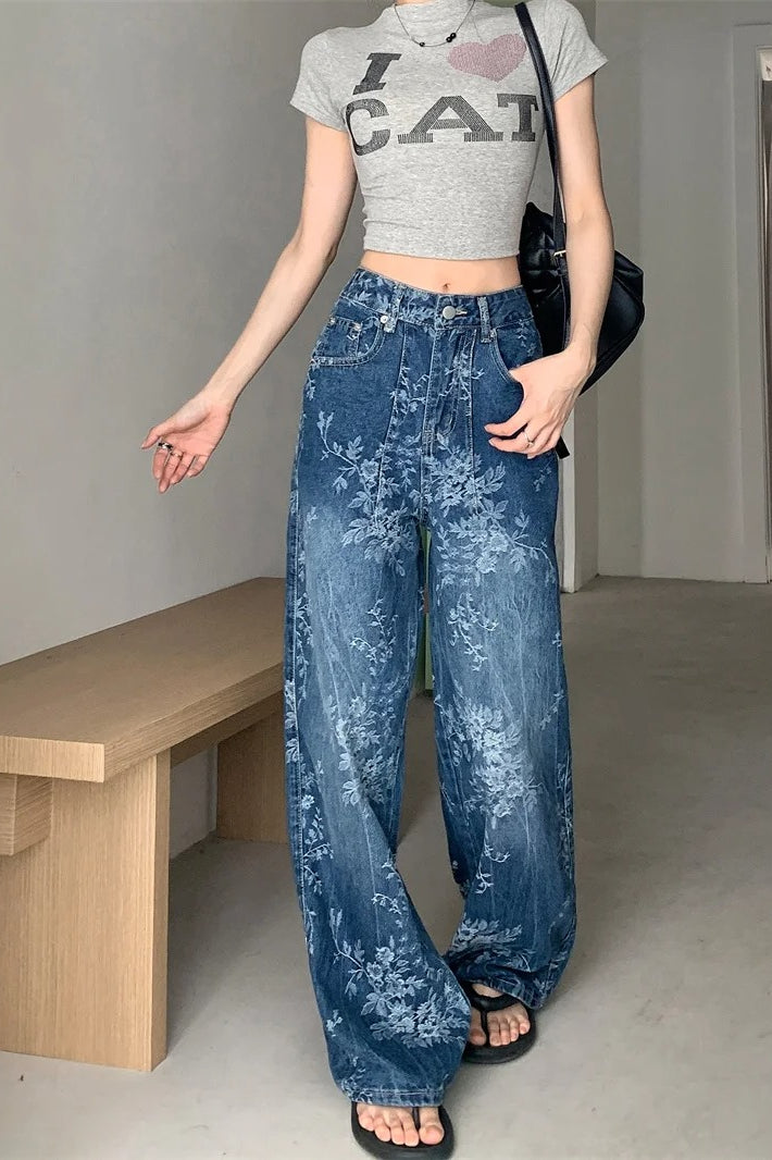 Relaxed Floral Print Palazzo Jeans